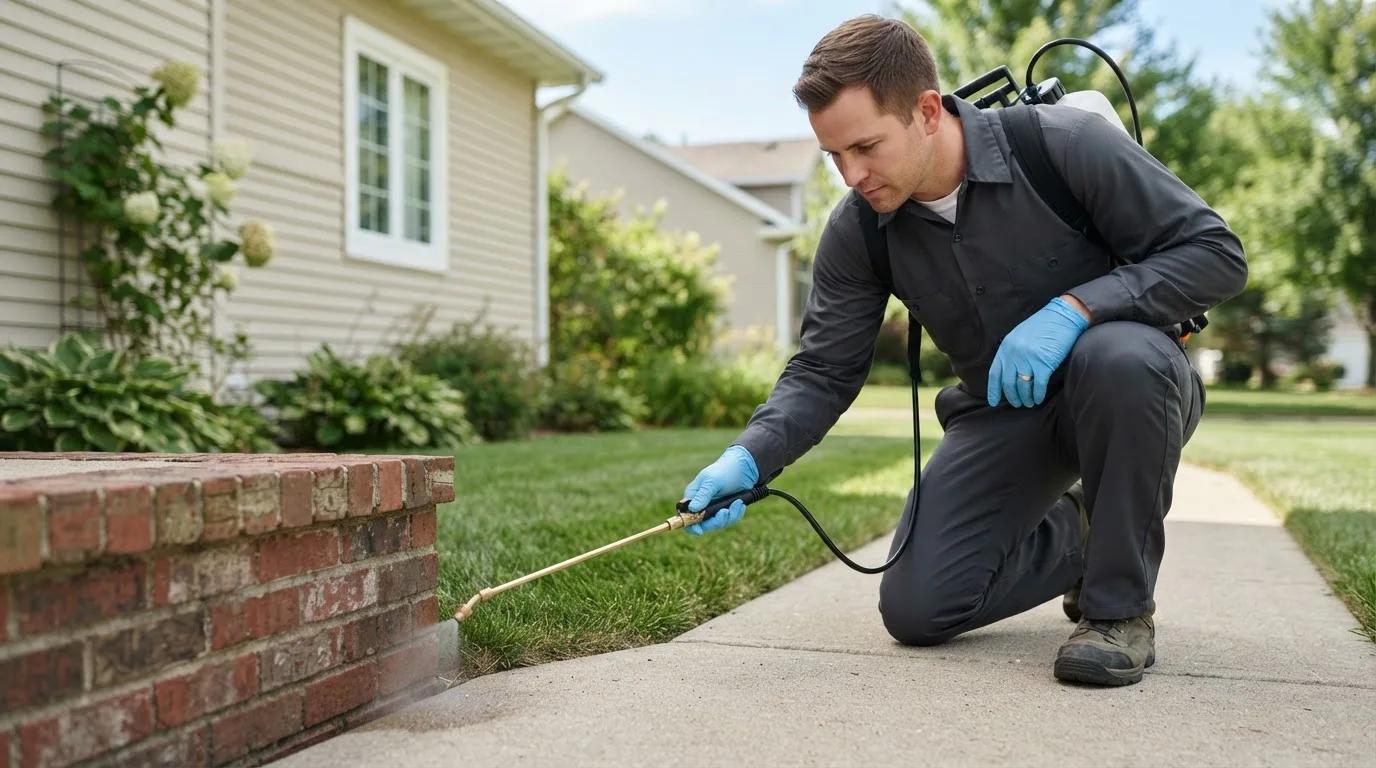 Pest control technician treating a home near Hildebran, NC